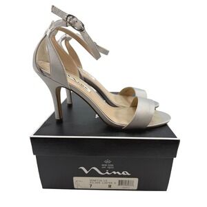 Nina Venetia LS Heels Silver Gray Satin Ankle Strap Sandals Womens Size 7